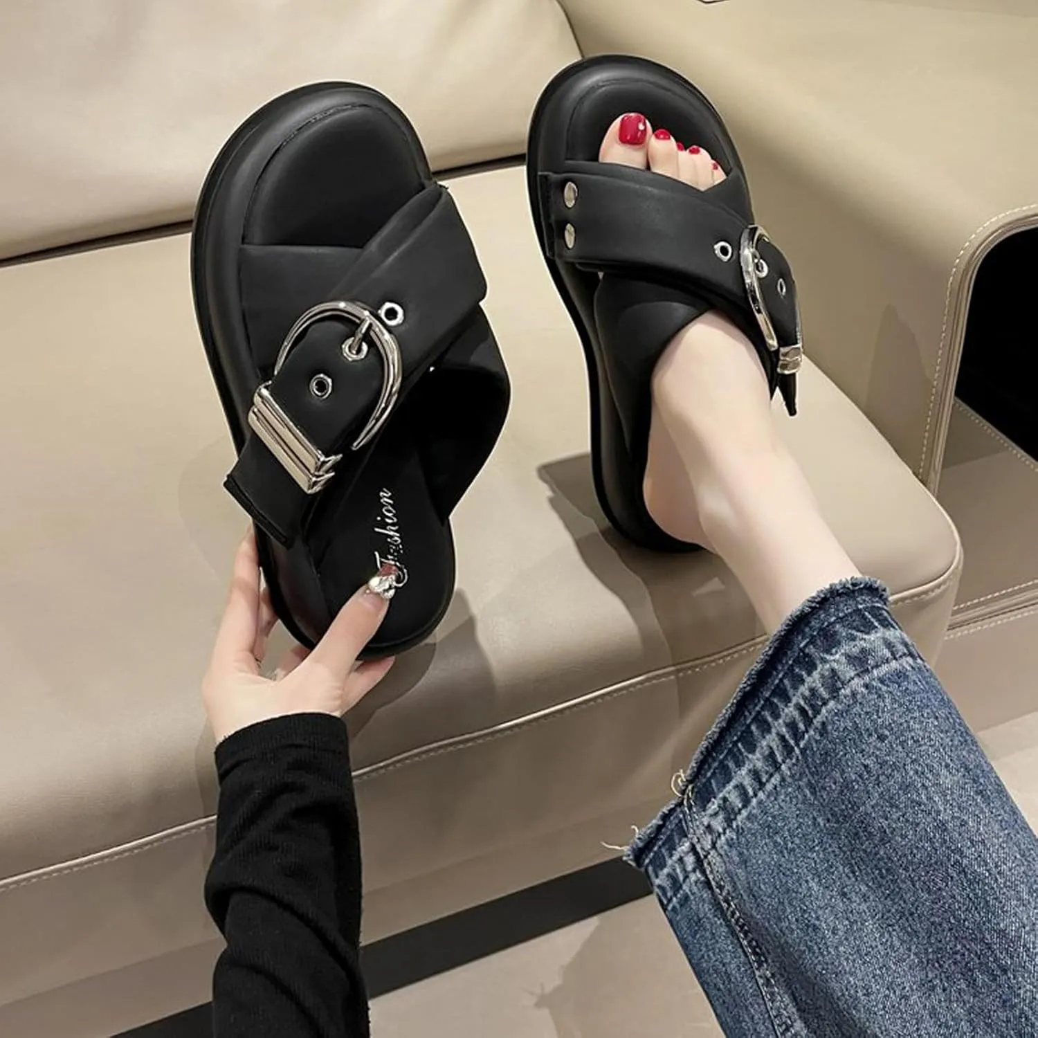 Women's Leather Platform Slides Sandals with Belt Buckle Decor Comfort Round Open Toe Slip-On Memory Foam Sandals Summer Walking Beach Slippers