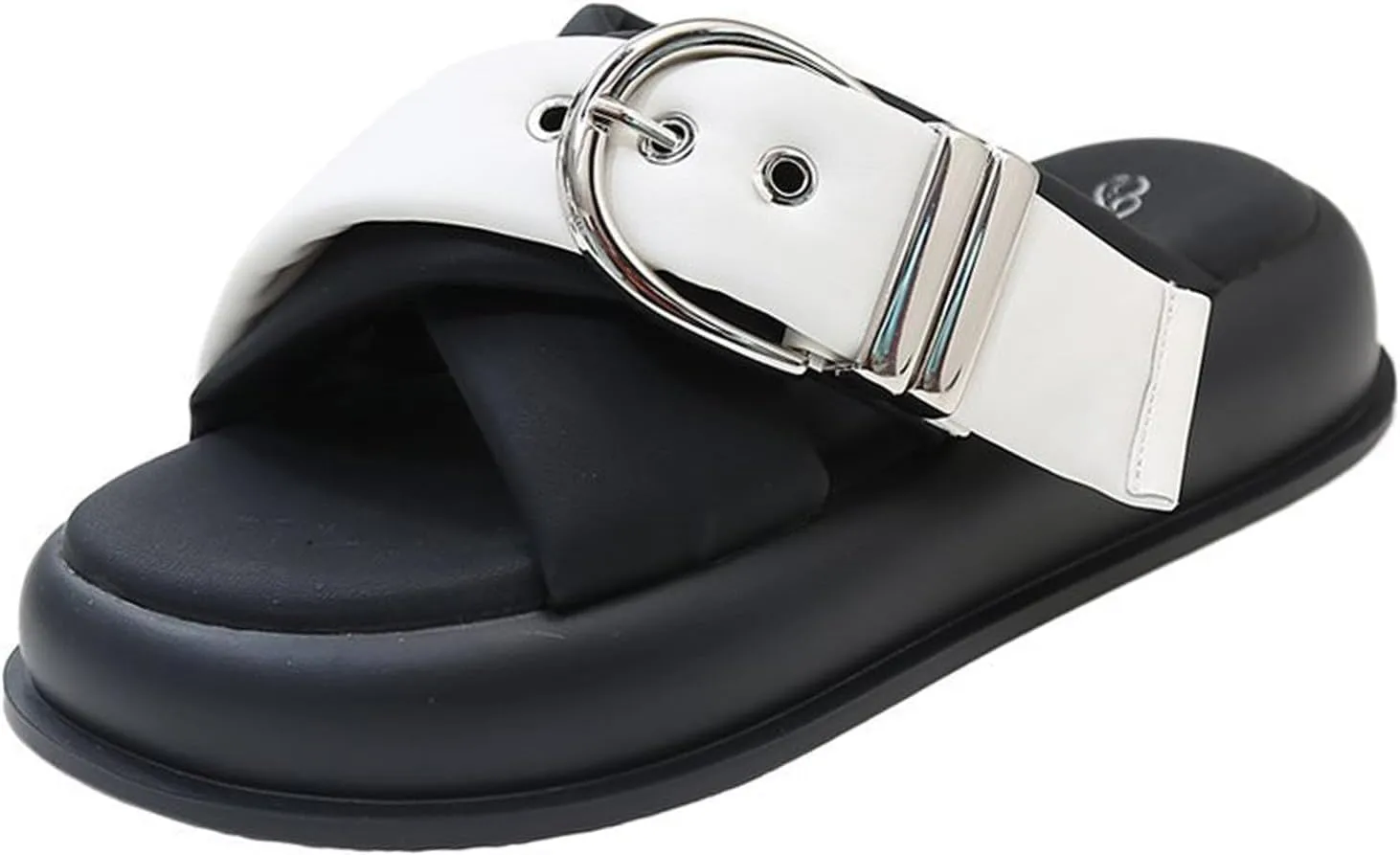 Women's Leather Platform Slides Sandals with Belt Buckle Decor Comfort Round Open Toe Slip-On Memory Foam Sandals Summer Walking Beach Slippers