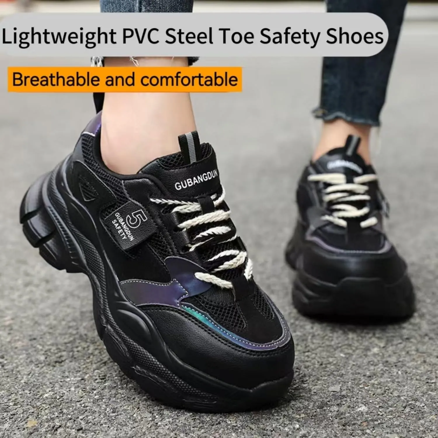 Women's Lightweight PVC Steel Toe Safety Shoes Lace-Up Breathable Chunky Sneakers