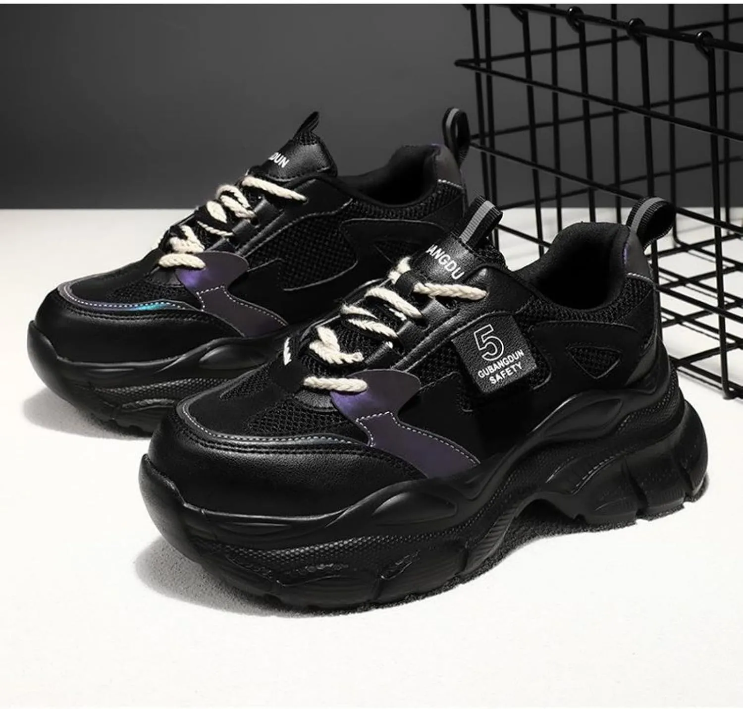 Women's Lightweight PVC Steel Toe Safety Shoes Lace-Up Breathable Chunky Sneakers