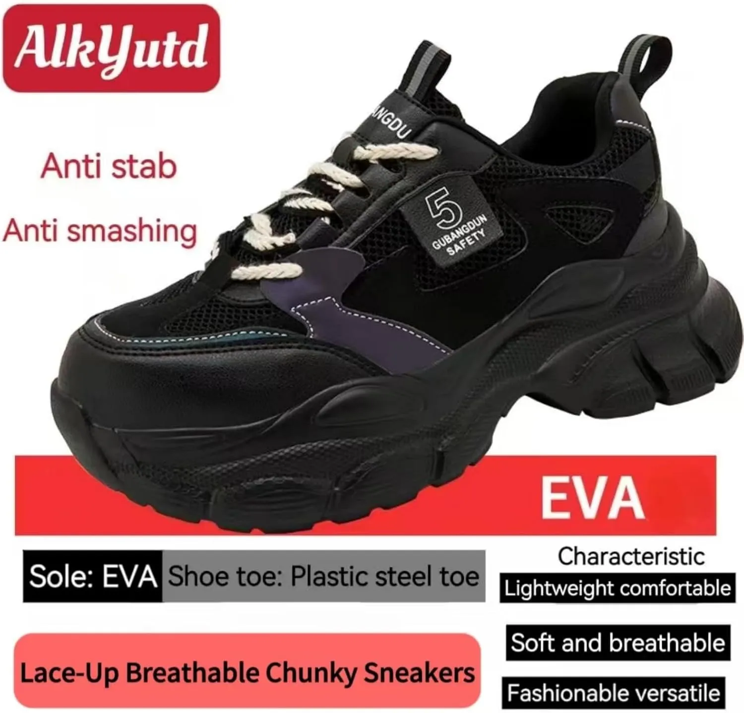 Women's Lightweight PVC Steel Toe Safety Shoes Lace-Up Breathable Chunky Sneakers