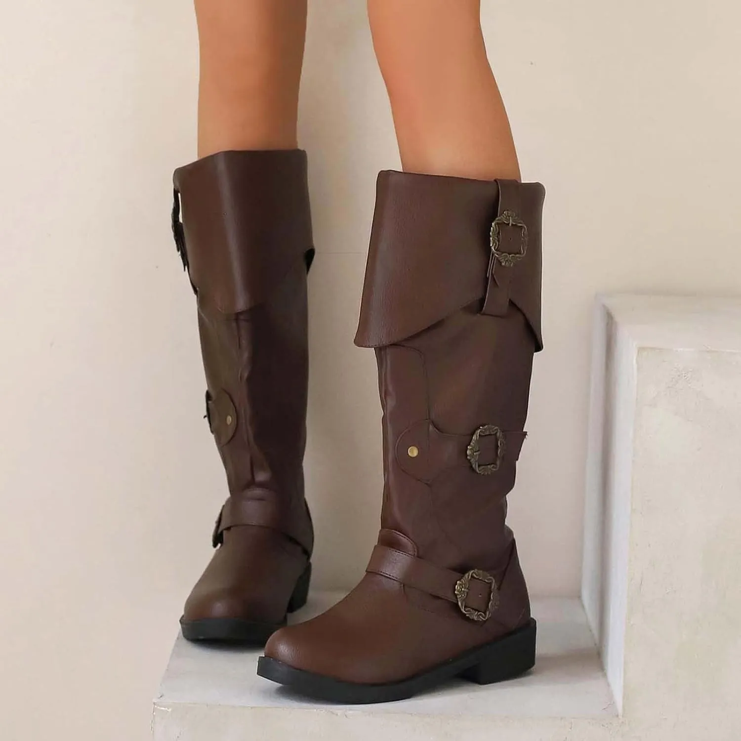 Women's Mid Calf Boots Pirate Boots Knee High Boots Comfortable Riding Boots Side Zipper Fall Boots with Buckle