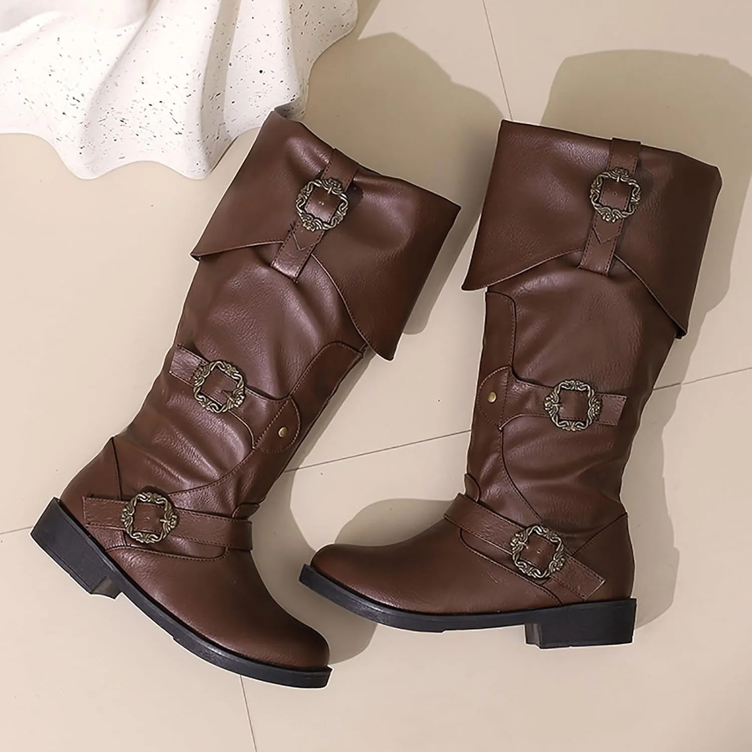 Women's Mid Calf Boots Pirate Boots Knee High Boots Comfortable Riding Boots Side Zipper Fall Boots with Buckle