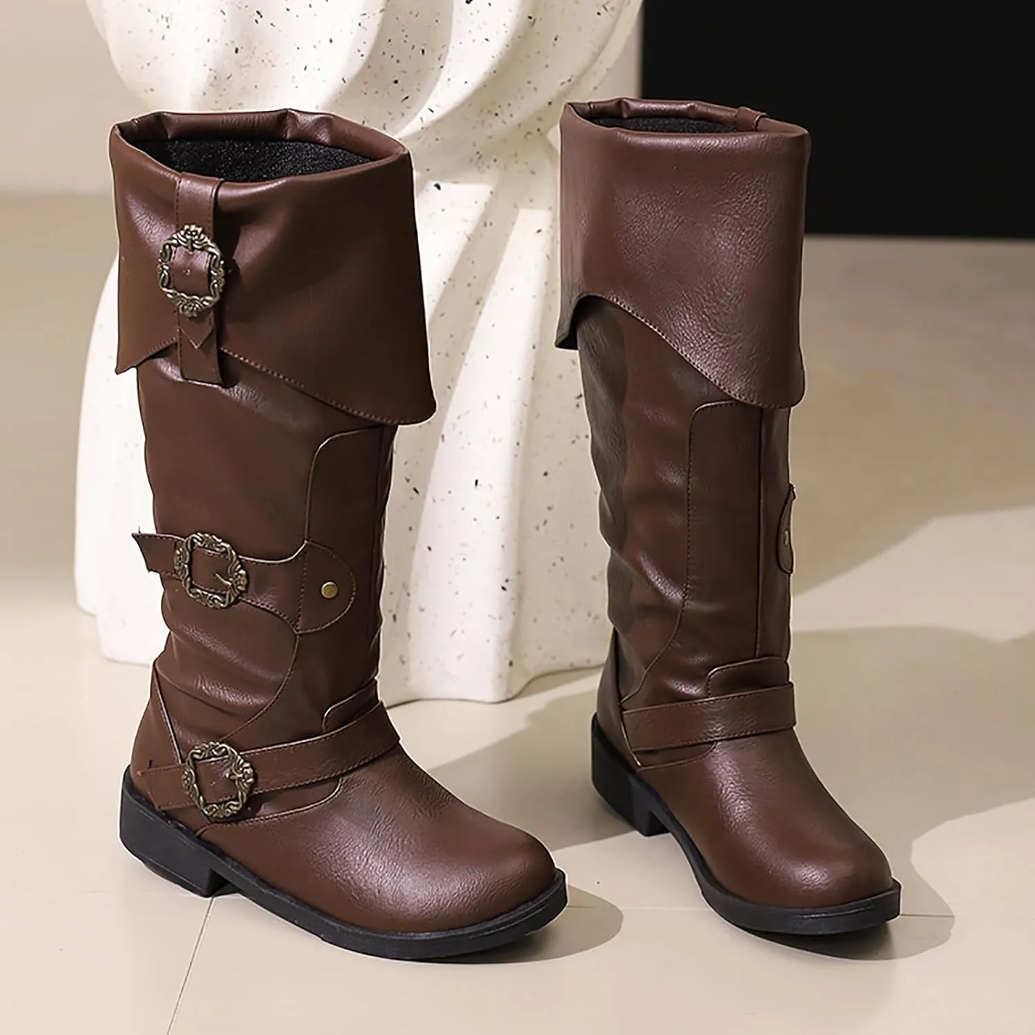 Women's Mid Calf Boots Pirate Boots Knee High Boots Comfortable Riding Boots Side Zipper Fall Boots with Buckle