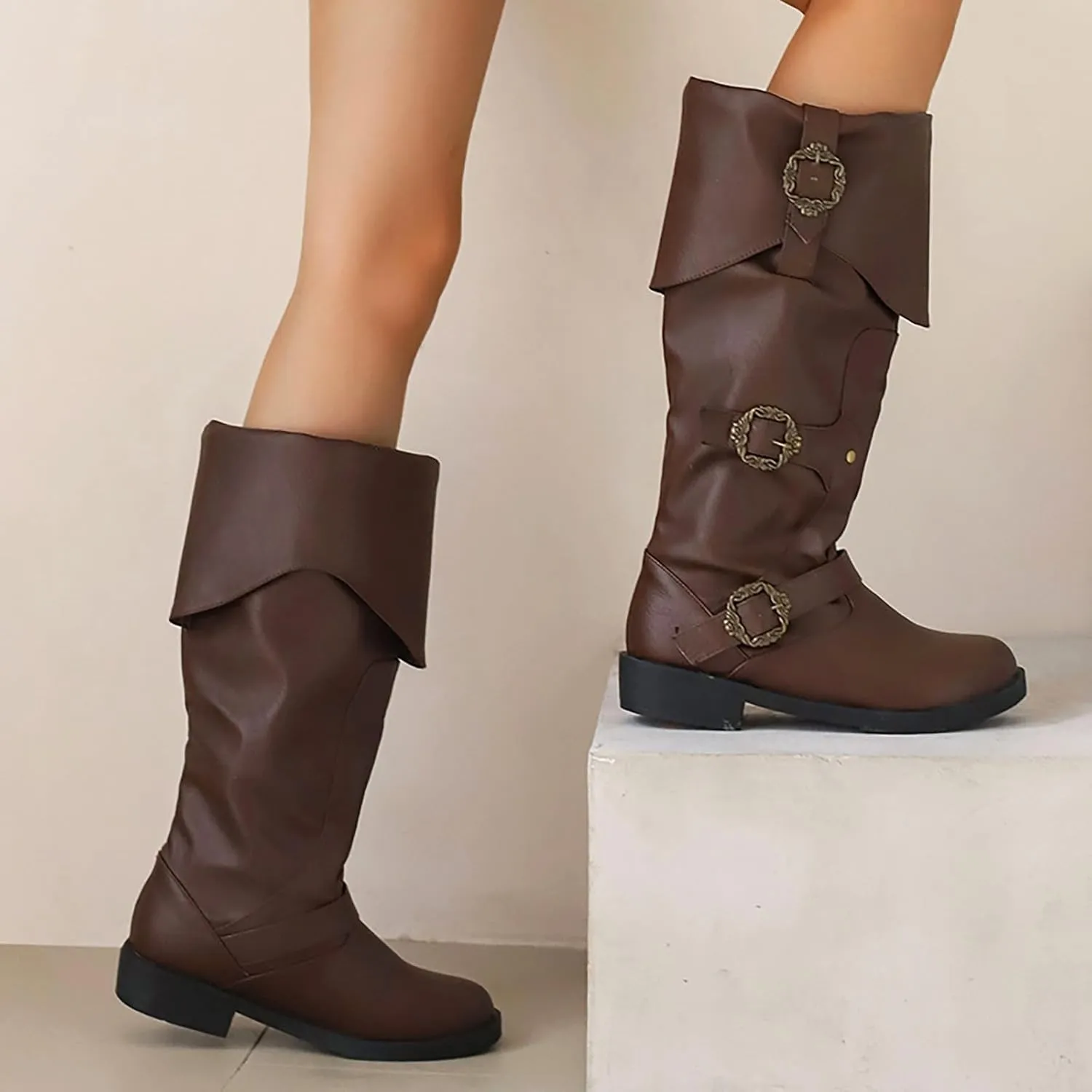 Women's Mid Calf Boots Pirate Boots Knee High Boots Comfortable Riding Boots Side Zipper Fall Boots with Buckle