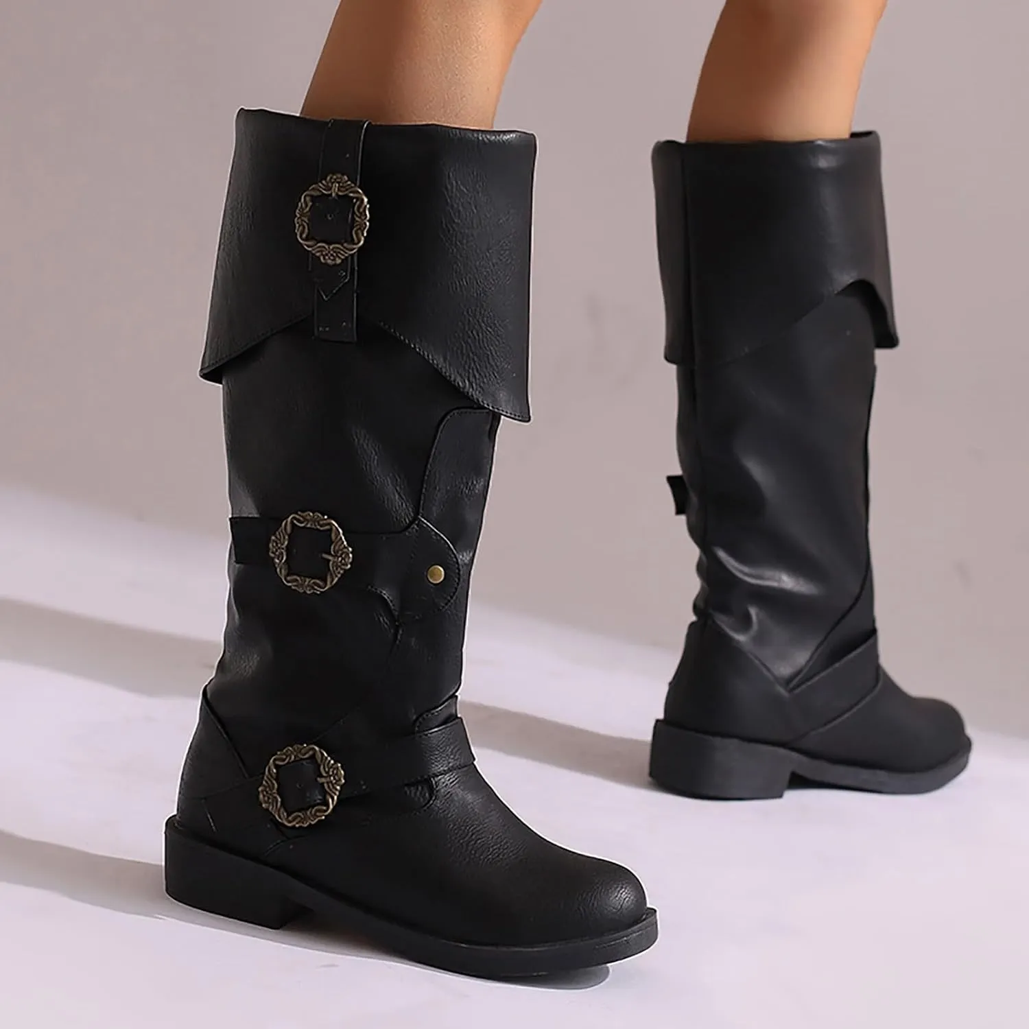 Women's Mid Calf Boots Pirate Boots Knee High Riding Tall Boots Comfortable with Metal Buckle and Zipper Wide Calf