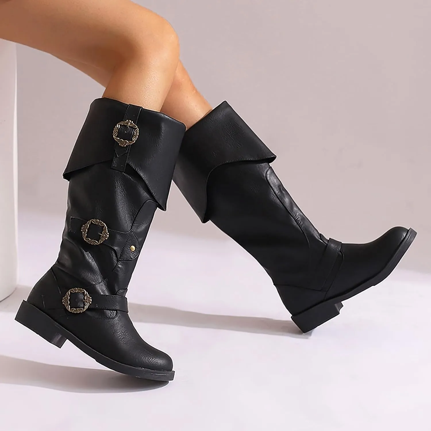 Women's Mid Calf Boots Pirate Boots Knee High Riding Tall Boots Comfortable with Metal Buckle and Zipper Wide Calf