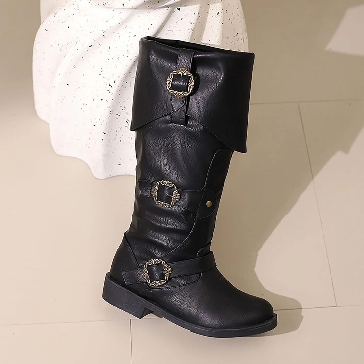 Women's Mid Calf Boots Pirate Boots Knee High Riding Tall Boots Comfortable with Metal Buckle and Zipper Wide Calf
