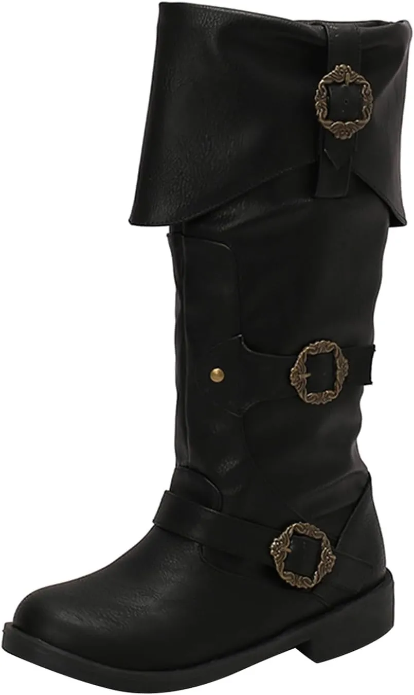 Women's Mid Calf Boots Pirate Boots Knee High Riding Tall Boots Comfortable with Metal Buckle and Zipper Wide Calf