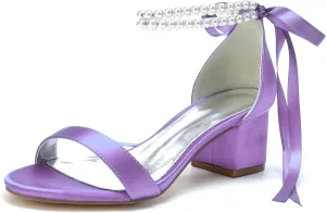 Women's Pearl Wedding Shoes for Bride - Low Block Heels Satin Bridal Prom Party Shoes 702-27