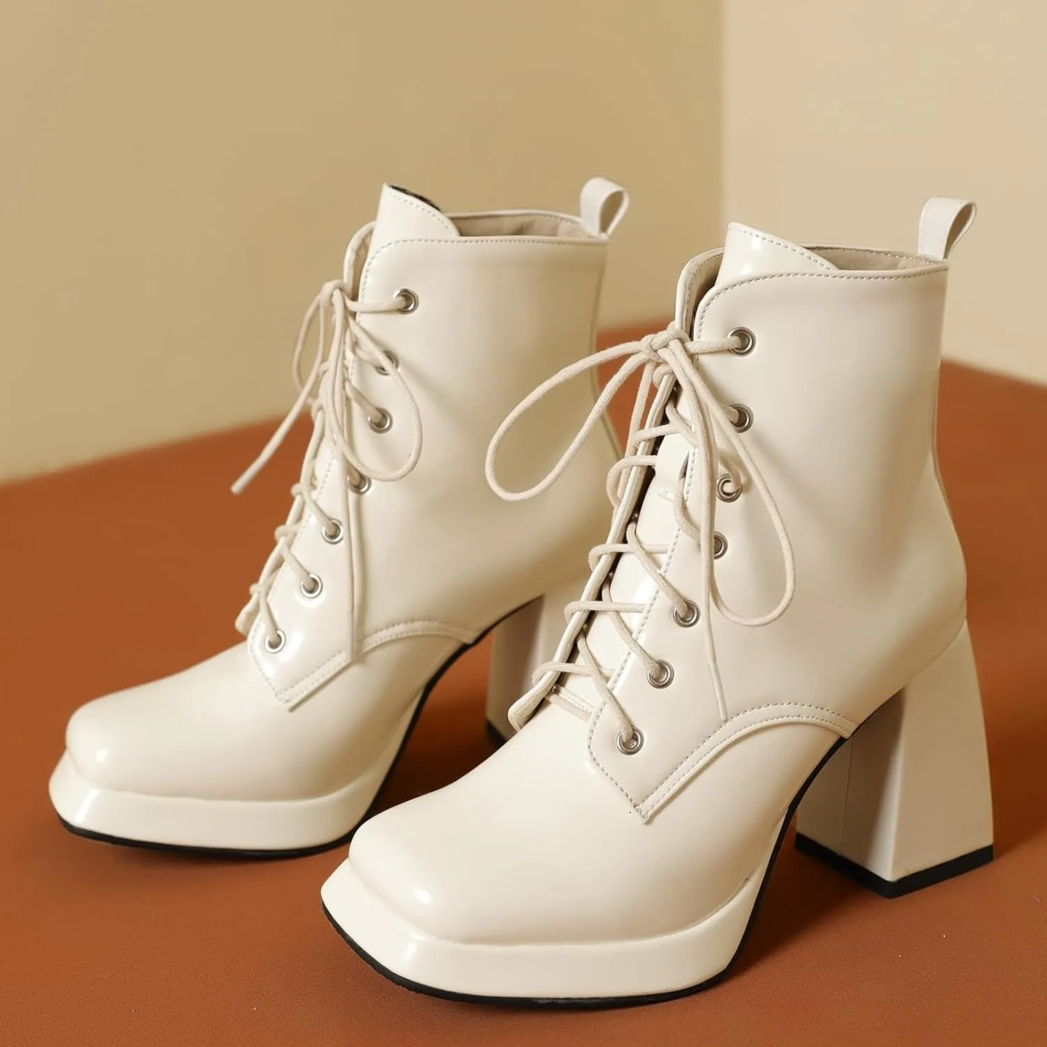 Women's Platform Combat Boots Chunky Heel Ankle Boots with Laces