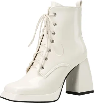Women's Platform Combat Boots Chunky Heel Ankle Boots with Laces
