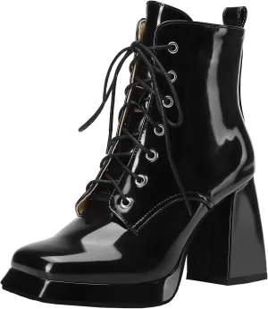 Women's Platform Combat Boots Chunky Heel Ankle Boots with Laces