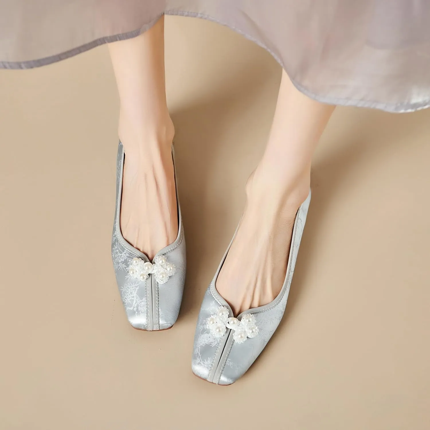 Womens Retro Ballet Flats Classic Slip on Pearl Embroidered Ballerina Shoes Comfortable Soft Square Toe Bride Wedding Dress Flats