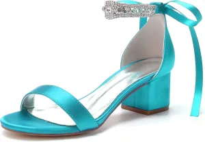 Women's Rhinestones Block Heels Satin Wedding Shoes for Bride Low Heels Comfortable Bridal Shoes White Heels Chunky Formal Evening Party Prom Sandals Pumps