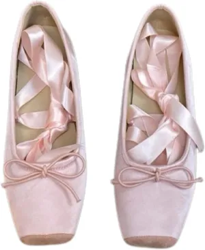 Women's Satin Ballet Flats Bow Closed Square Toe Party Ballet Dress Shoes Womens lace up Ballet Flats