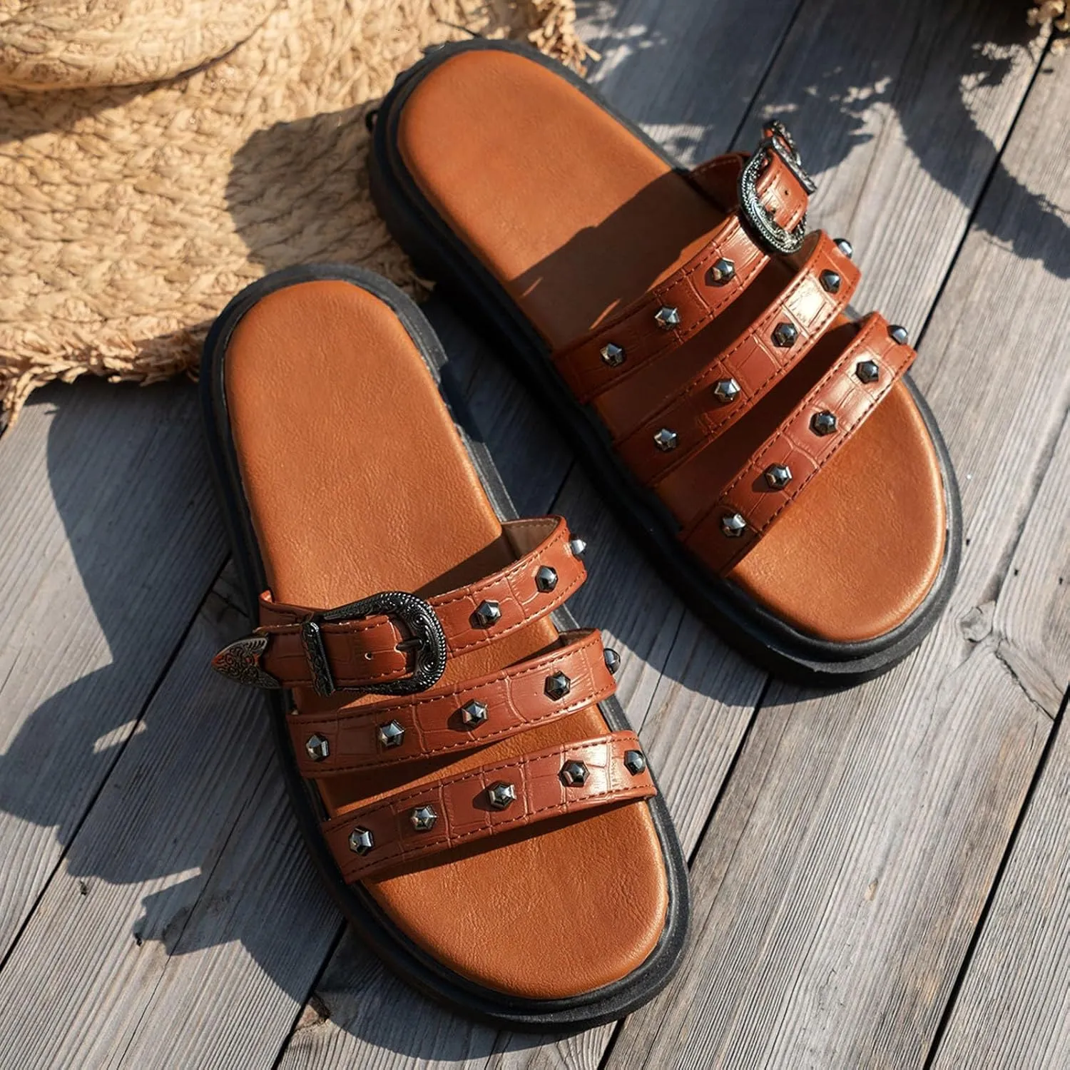 Womens Slide Sandals Open Toe Comfortable Walking Sandals Slip On With Buckle Comfory Memory Foam Sandals Dressy Casual Sandals For Summer