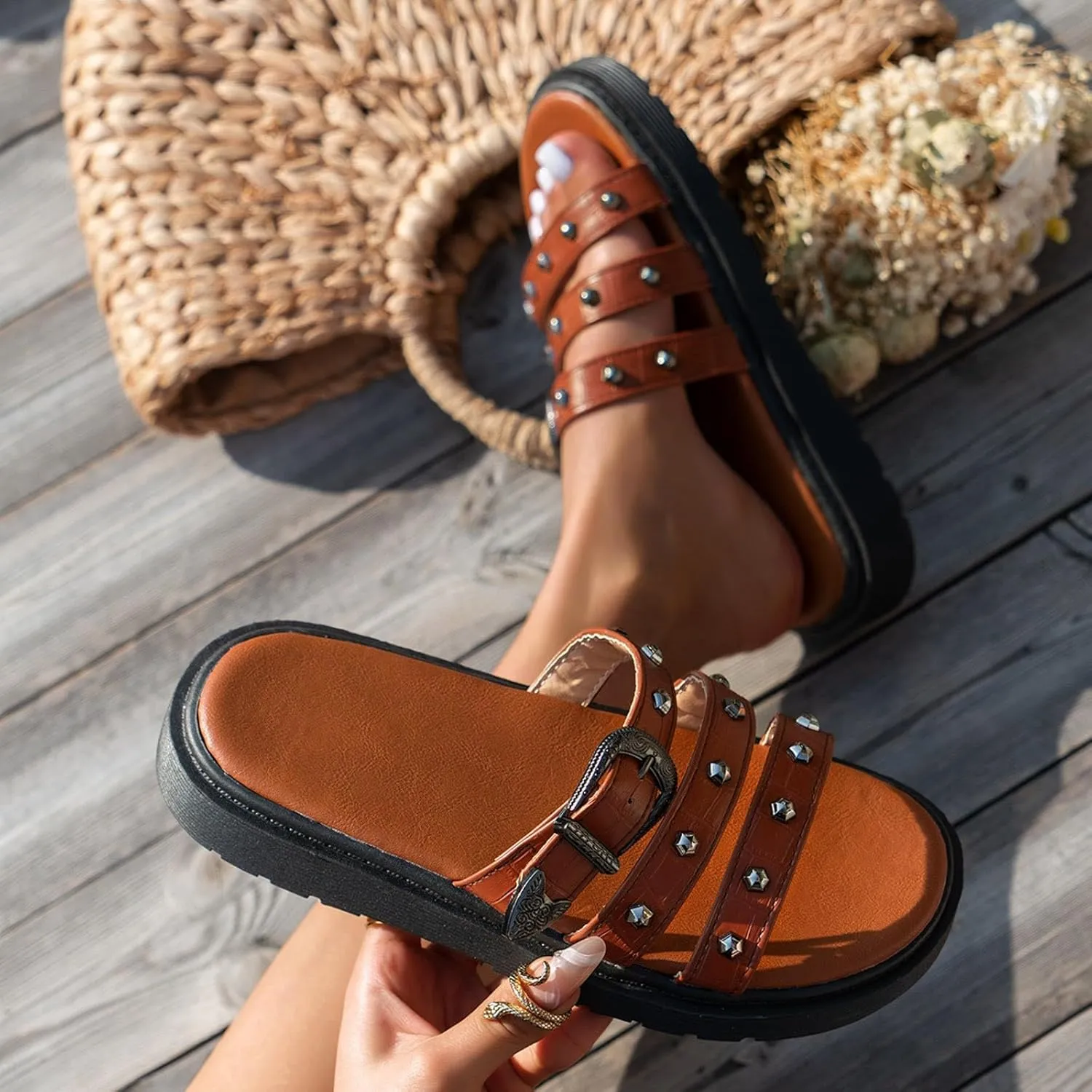 Womens Slide Sandals Open Toe Comfortable Walking Sandals Slip On With Buckle Comfory Memory Foam Sandals Dressy Casual Sandals For Summer
