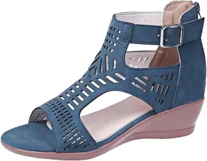 Womens Wedge Sandals Black Bohemian Cutout Open Toe Summer Wedge Party Sandals Casual Comfort Summer Cover Heel Dressy Cutout Beach Shoes Roman Retro Sandal