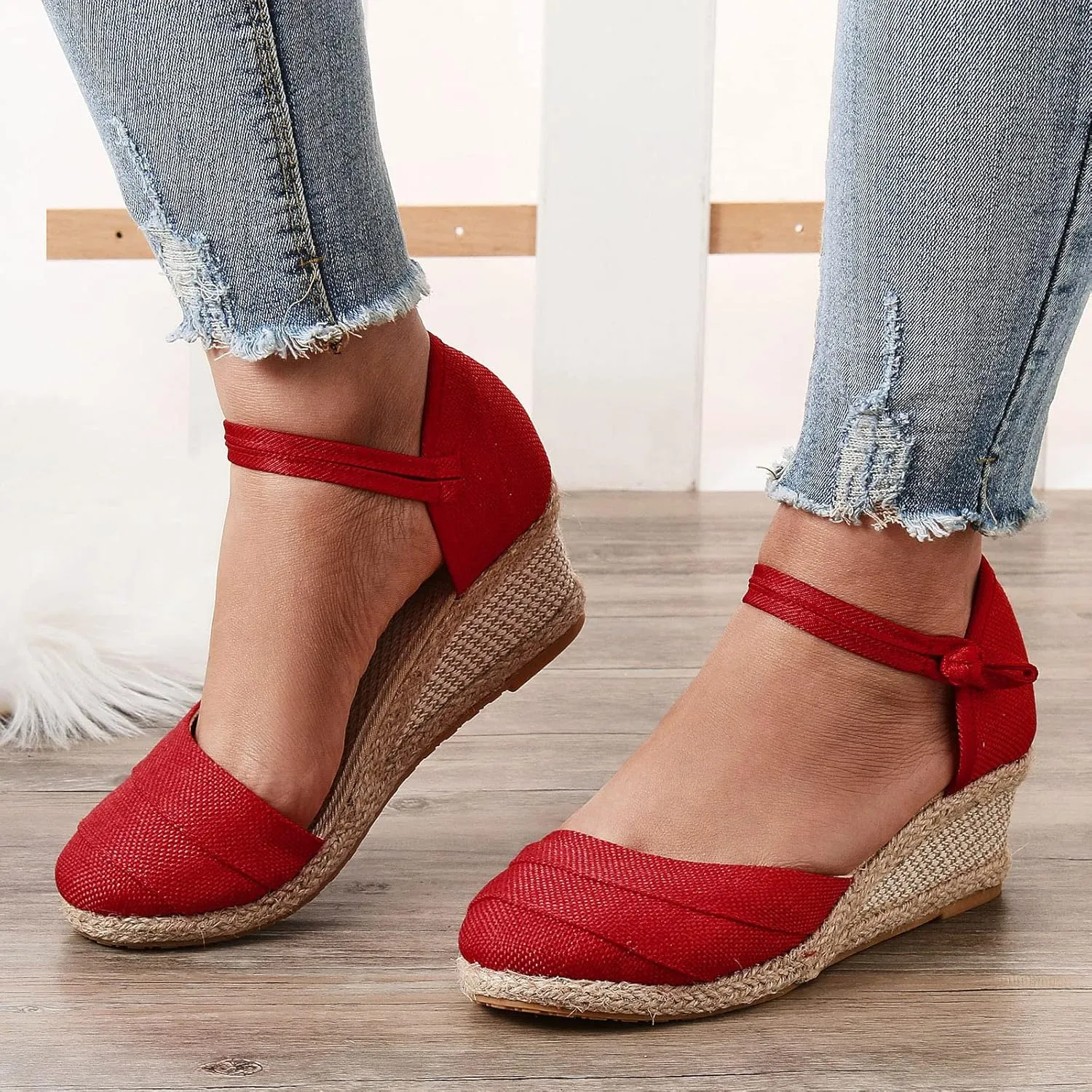 Women's Wedge Sandals Closed Toe Espadrille Sandals With Ankle Wrap Classic Summer Platform Sandals Dressy Canvas Sandals
