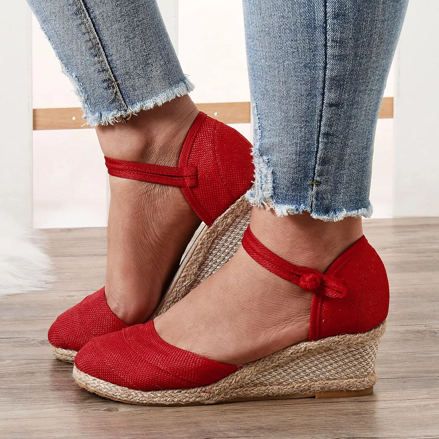 Women's Wedge Sandals Closed Toe Espadrille Sandals With Ankle Wrap Classic Summer Platform Sandals Dressy Canvas Sandals