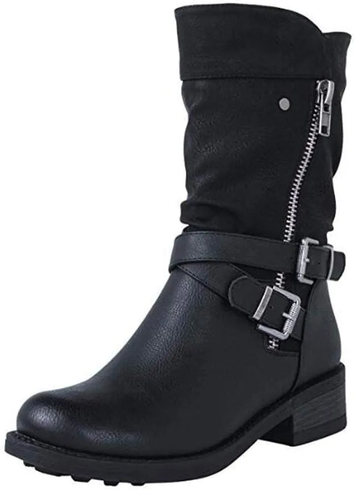 ZBYY Women's Fashion Ankle Booties Low Heel Mid Calf Combat Boots for Women Round Toe Side Zipper Buckle Ankle Boot